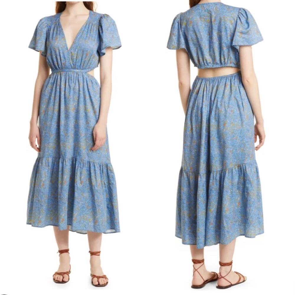 Xirena Gabrielle Dress Blue Floral Midi Tiered Back Cutout V-Neck Sz L - Picture 3 of 10